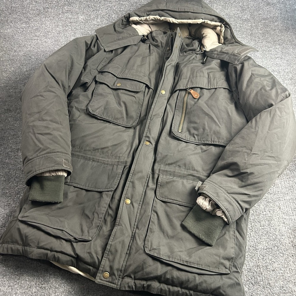 Cabelas Coat Mens XLT Green Canvas Goose Down Hooded Parka Outdoor Workwear